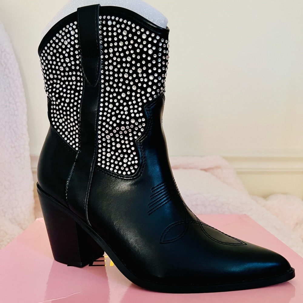 NIB Dolls Kill Cowgirl Ways Western Boot Cassidy Denim Boot in Black w/ Crystals - Picture 1 of 16